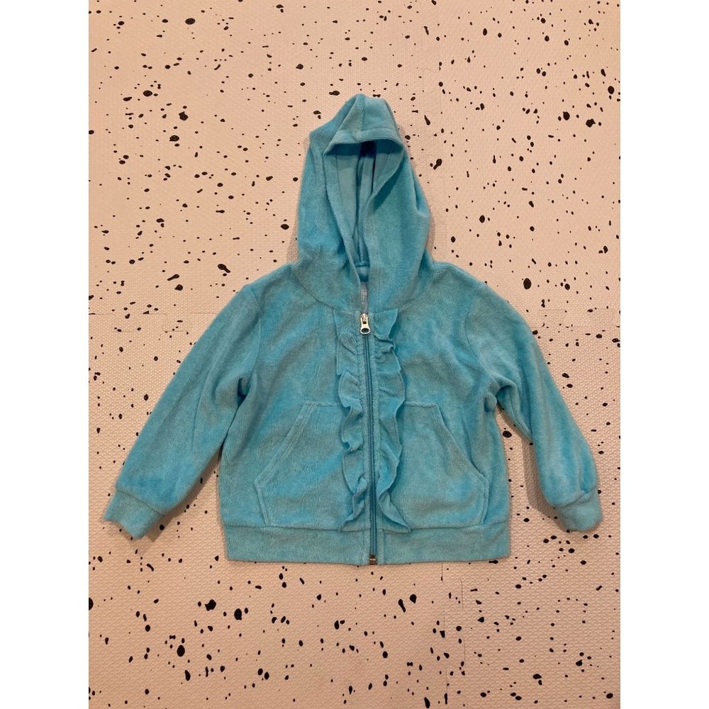 Garnet Hill Girls Ruffle Front Terry Cloth Full-Zip Hoodie, Light Blue, XS